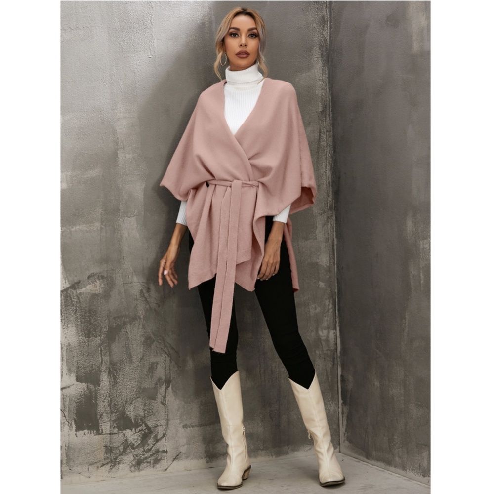 Knitted Cape Belted in Pink - Picture 7 of 10
